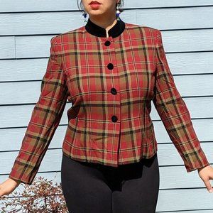 Vintage Plaid Blazer Jacket with Velvet Buttons 12